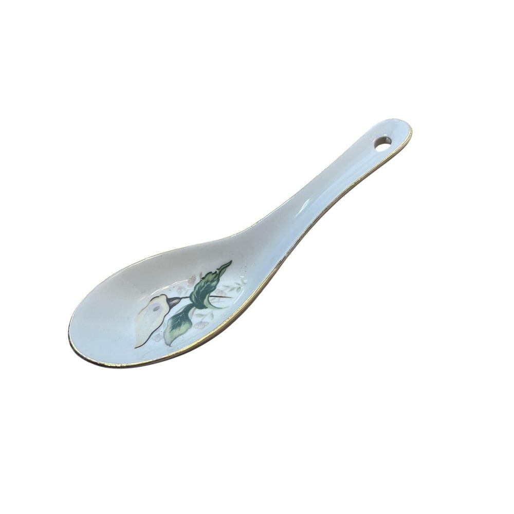 Porcelain Chinese Soup Spoon Floral Pear Design Gold Rim Hanging Hole Seal‎ Mark